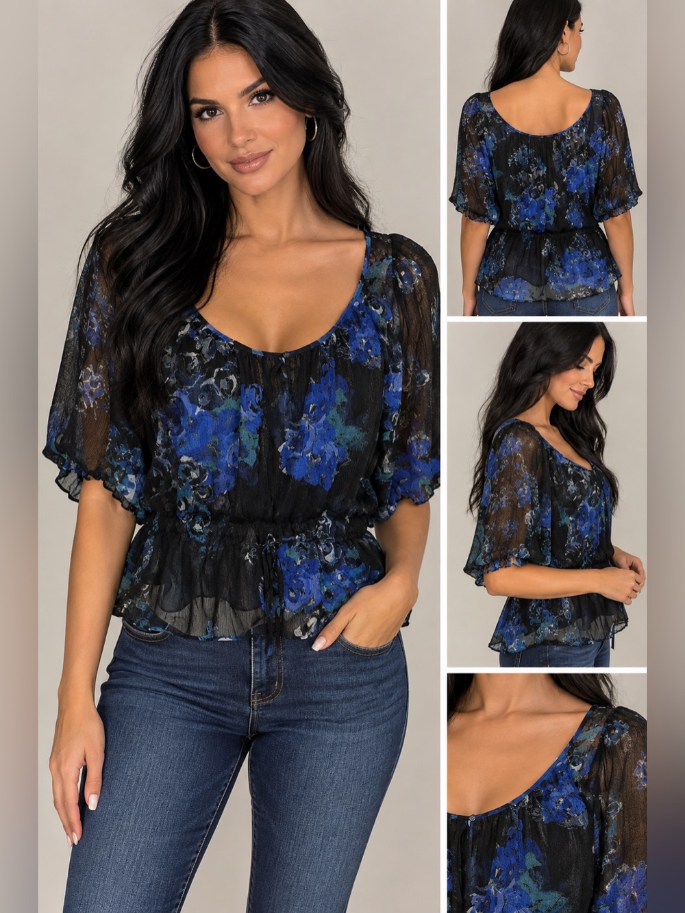 New York & Company Black Sheer Blouse with Blue Floral Print